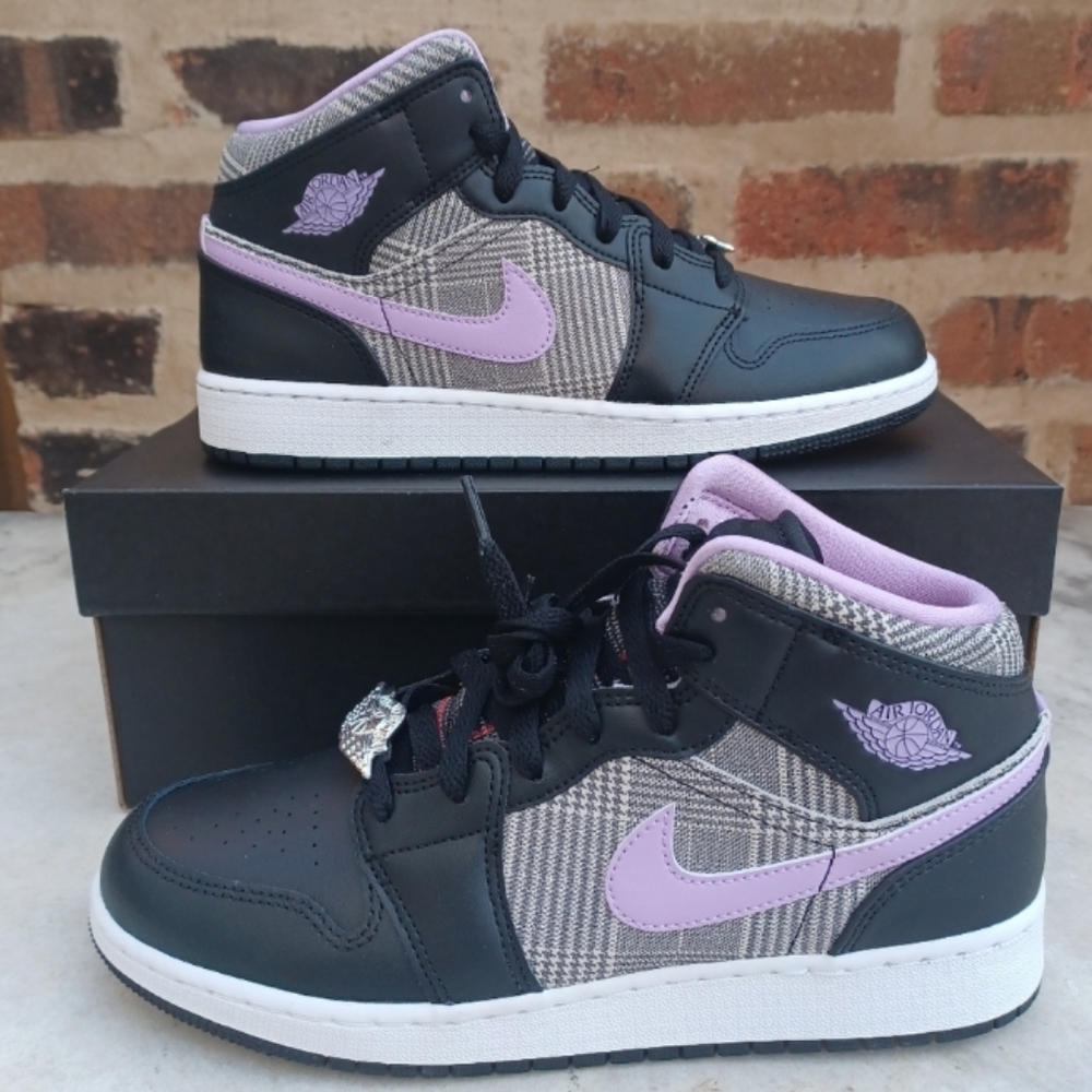 Nike Air Jordan 1 Mid Houndstooth Plaid Black Purple Sneakers Size 7Y Shoed